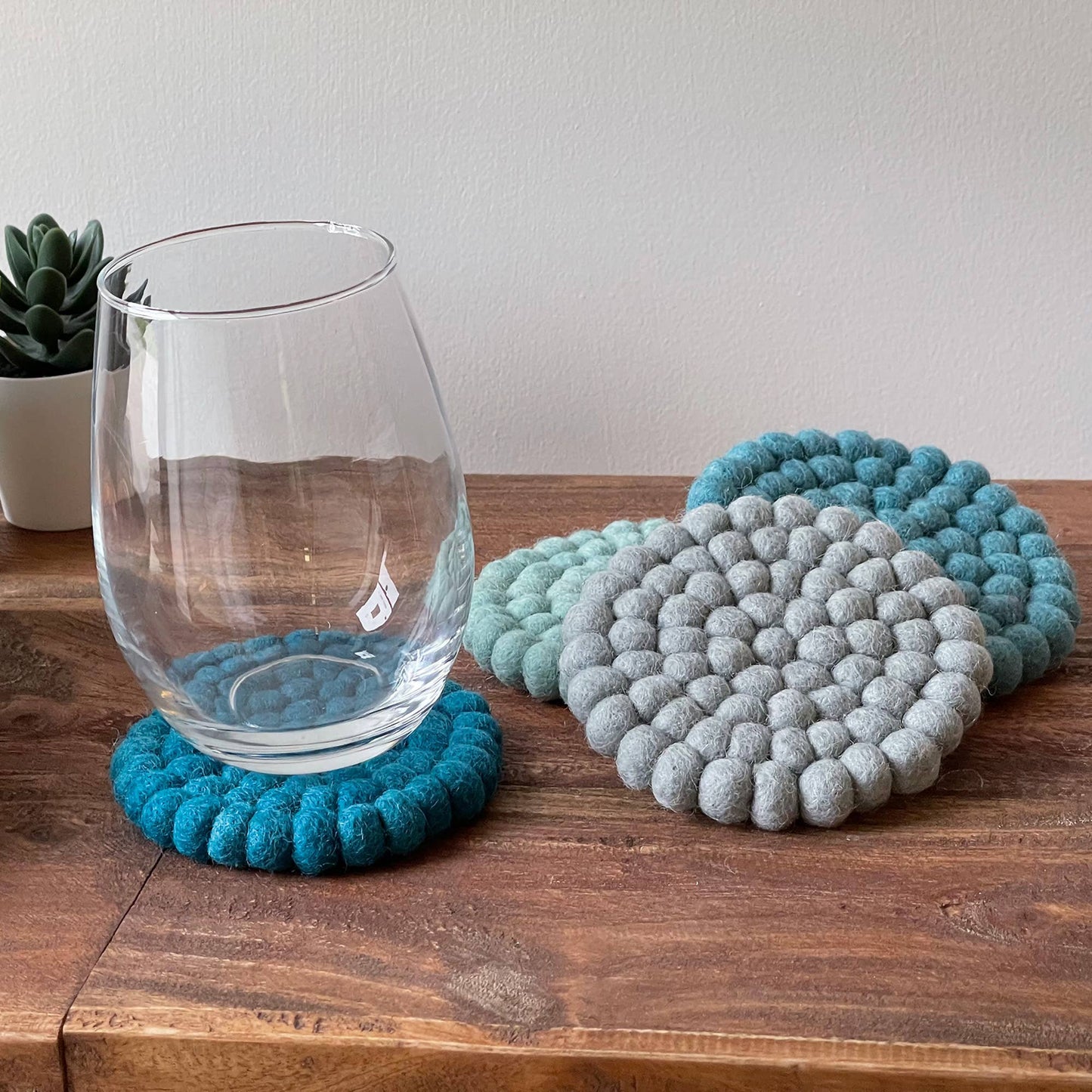 Teal Tonal Felt Ball Coasters, Set of 4