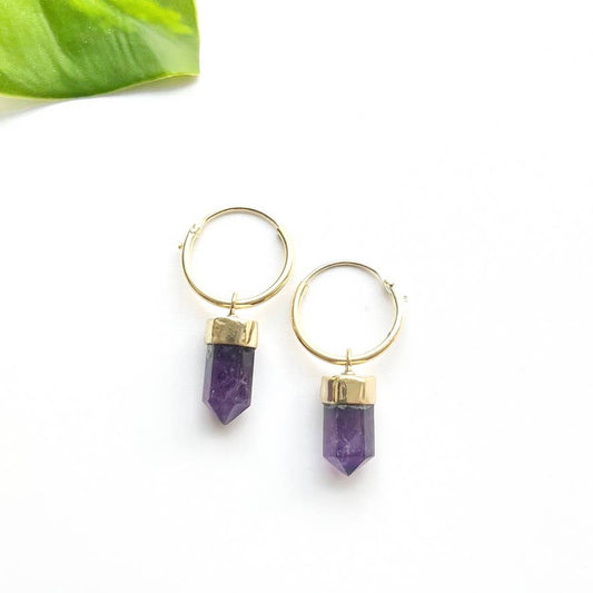 Amethyst Brass Stone Point Mini Hoop Earring